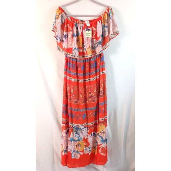 Jealous Tomato Maxi Dress L Red Floral On/Off Shoulder Double Split NWT - Picture 1 of 7